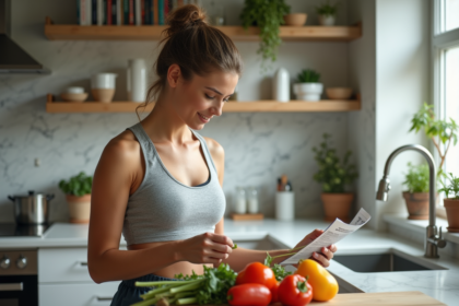 Femme sportive en cuisine examine un tableau nutritionnel