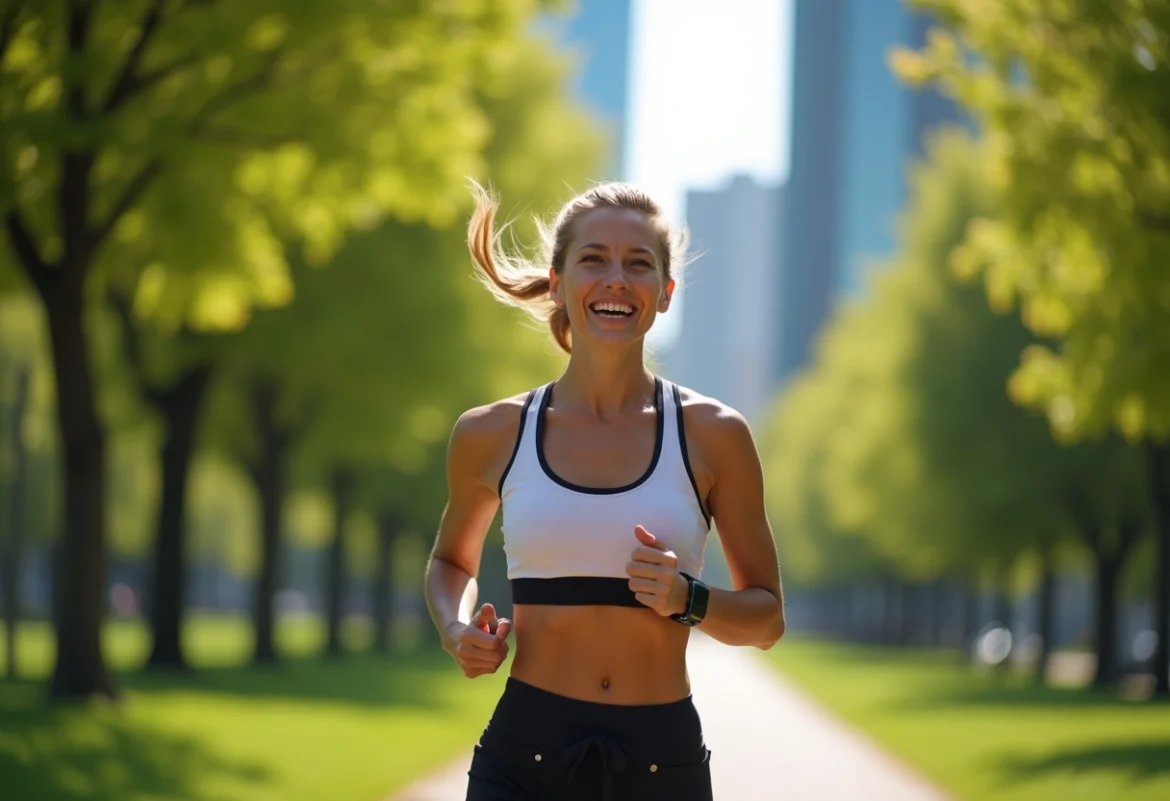 Femme sportive marchant dans un parc urbain ensoleille