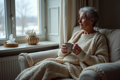 Femme d'âge moyen avec tasse de tisane en hiver