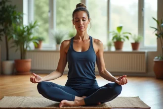 Femme en lotus dans un studio zen et lumineux