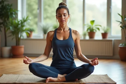 Femme en lotus dans un studio zen et lumineux