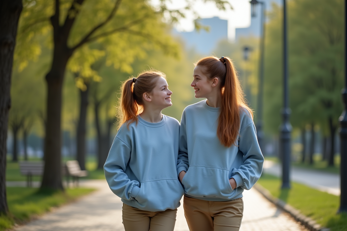 Adolescente avec sa mère marchant dans un parc urbain