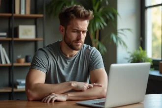 Jeune homme adulte tenant son bras gauche avec une expression préoccupée, assis à un bureau à domicile
