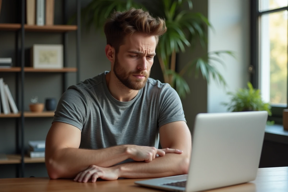 Jeune homme adulte tenant son bras gauche avec une expression préoccupée, assis à un bureau à domicile