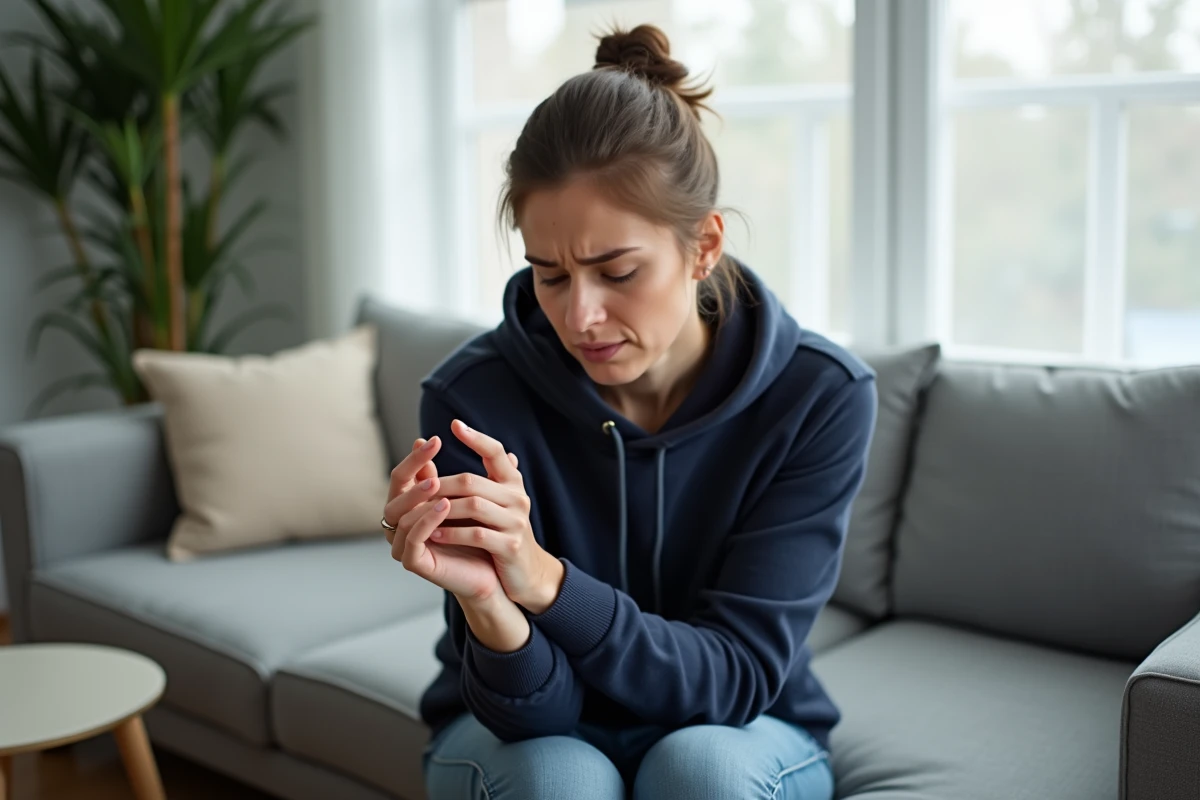Jeune femme adulte examinant sa main gauche avec inquiétude sur un canapé, possible symptôme de fourmillements
