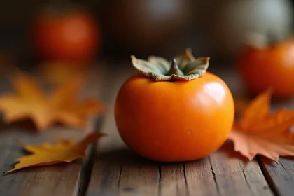 Fruit kaki mûr posé sur une table en bois rustique entouré de feuilles d'automne, illustrant les bienfaits du kaki pour la santé cardiaque