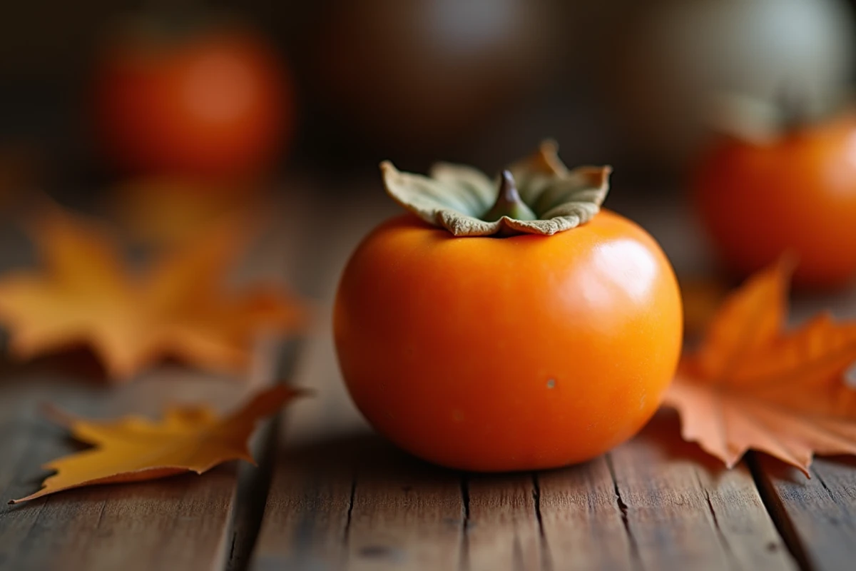 Fruit kaki mûr posé sur une table en bois rustique entouré de feuilles d'automne, illustrant les bienfaits du kaki pour la santé cardiaque