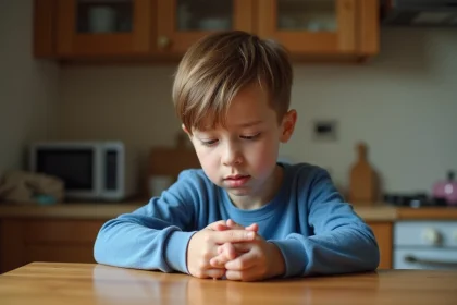 Jeune garçon examine son doigt bandage avec curiosite