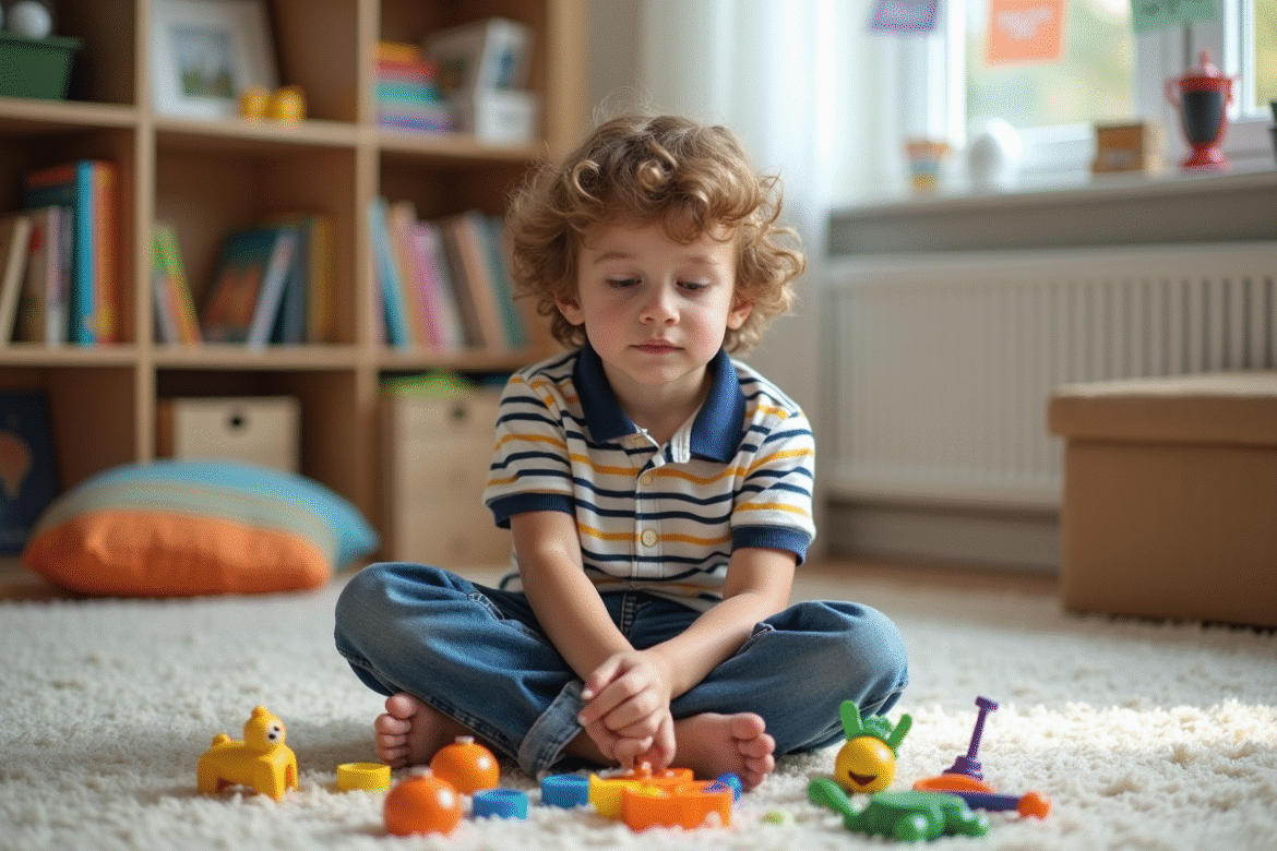 Jeune garçon de 8 ans arrangeant des jouets colorés dans une salle de jeux
