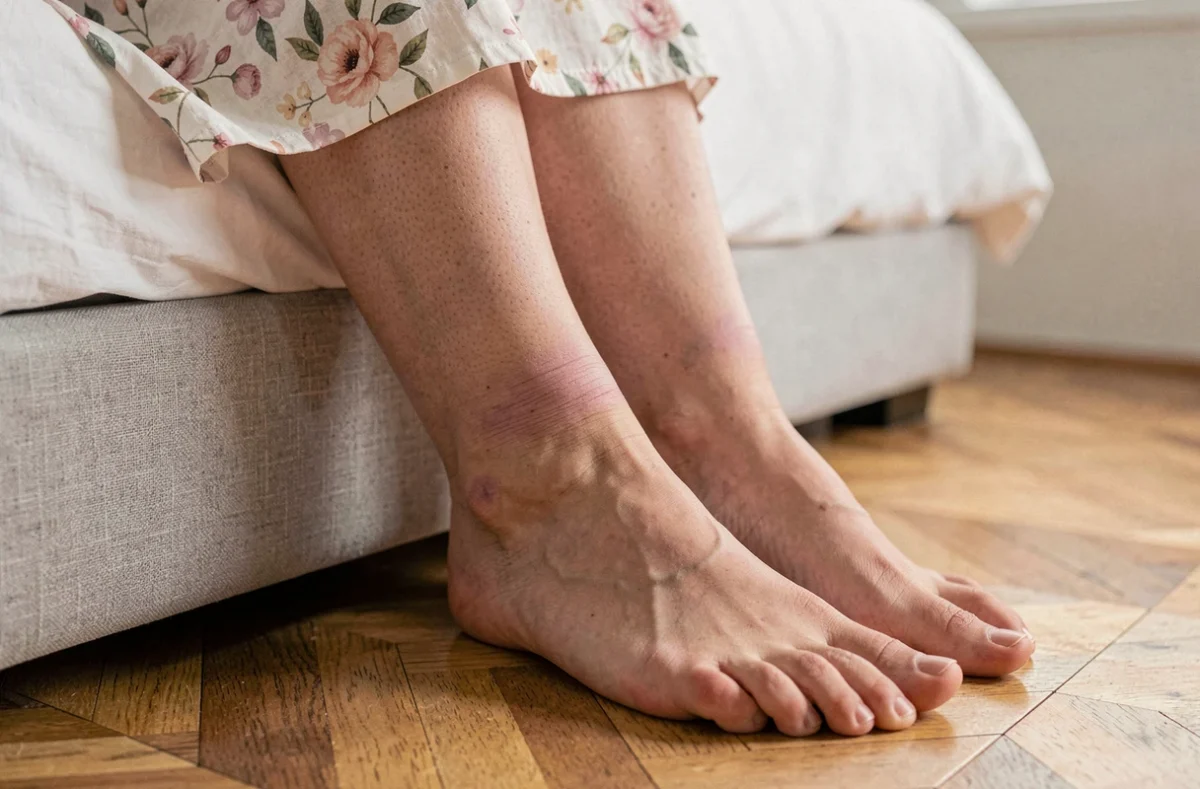 Gros plan sur les chevilles enflées d'une femme enceinte reposant sur un pouf, œdème de grossesse