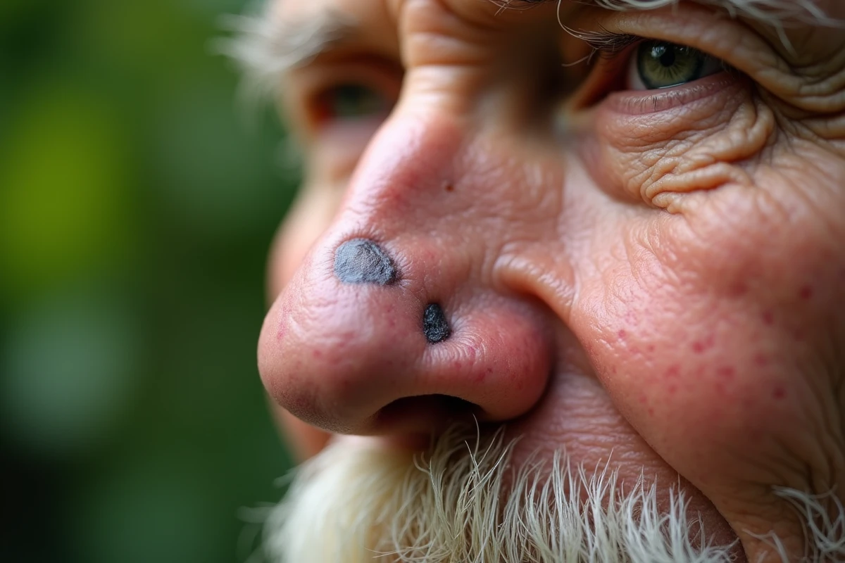 Gros plan sur une croûte persistante et non cicatrisée sur le nez d'un homme âgé, signe potentiel d'un carcinome basocellulaire ou épidermoïde
