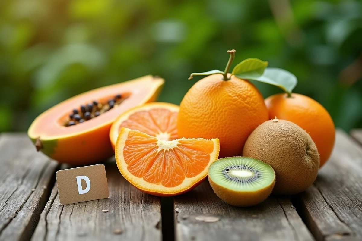 Gros plan de fruits riches en vitamine D comme la papaye, le kiwi et l'orange sur une surface en pierre rustique