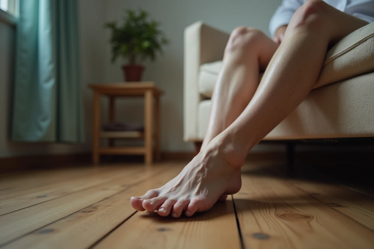 Gros plan sur les jambes et pieds d'une personne âgée présentant des signes visibles d'ischémie chronique au repos