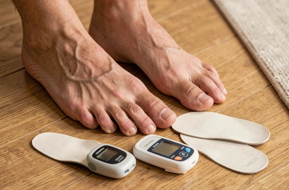 Gros plan de pieds adultes diabétiques sur parquet avec lecteur de glycémie et semelles orthopédiques, gestion du diabète au quotidien
