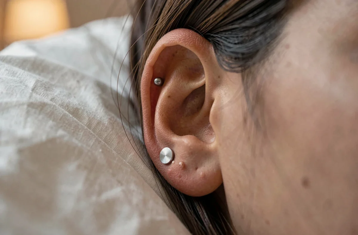 Gros plan sur un piercing conch en titane positionné dans l'anthélix de l'oreille, sur un fond d'oreiller en coton blanc