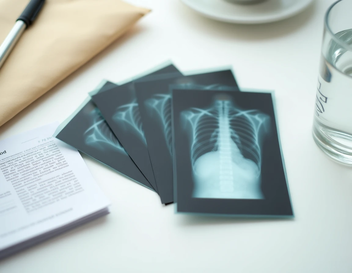 Gros plan de radiographies médicales anciennes disposées avec une enveloppe de recyclage et une brochure d'information sur l'élimination écologique