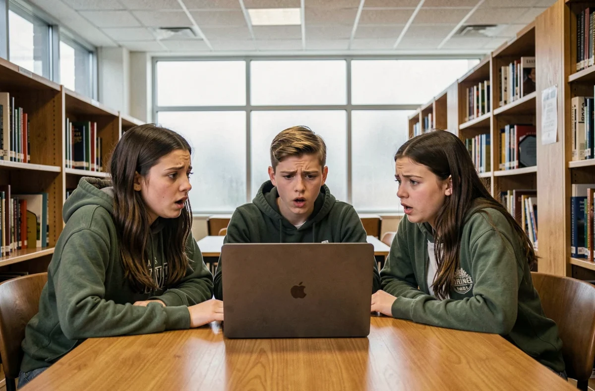 Groupe d'adolescents réagissant avec incrédulité devant un contenu choquant lié au bonhomme allumette sur les réseaux sociaux dans une bibliothèque