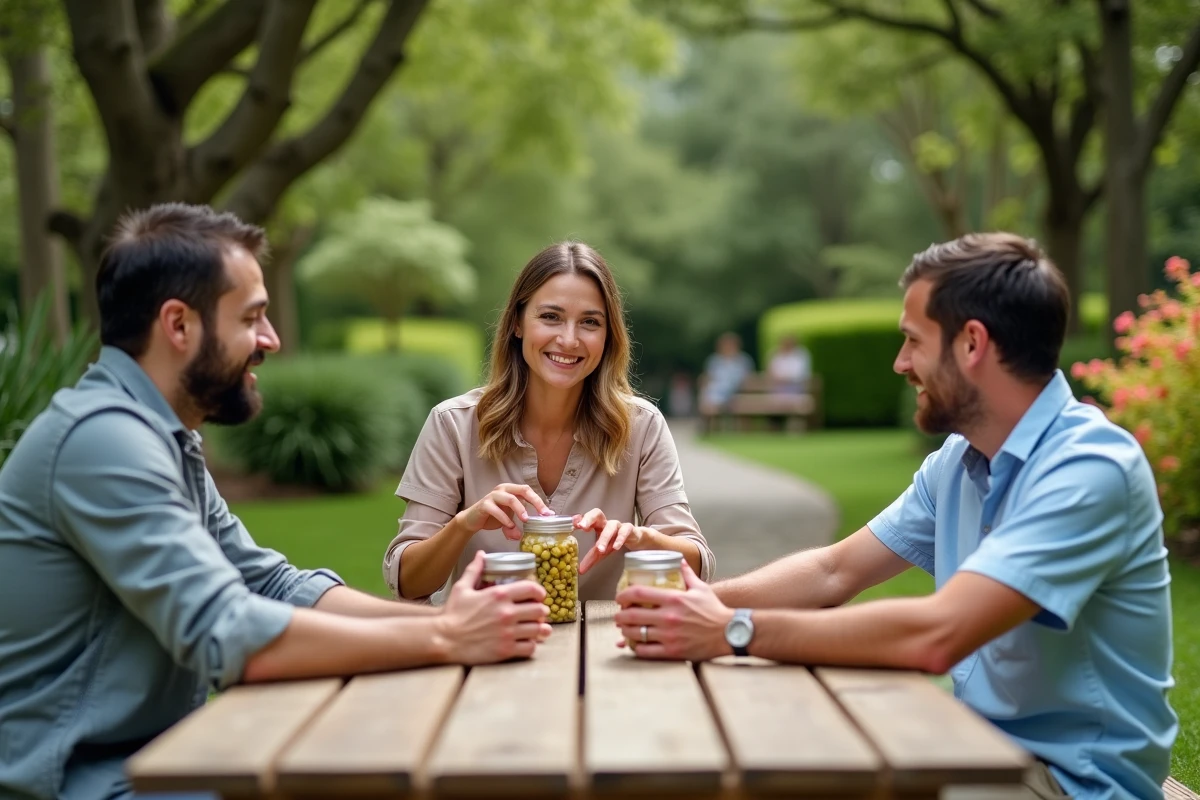 Groupe de personnes discutant autour de bocaux de probiotiques dans un jardin