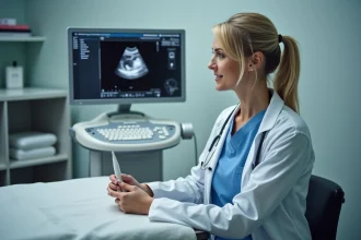 Gynécologue examinant une image d'échographie vaginale montrant un sac gestationnel à 5 semaines d'aménorrhée sur un écran médical
