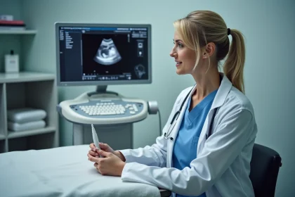 Gynécologue examinant une image d'échographie vaginale montrant un sac gestationnel à 5 semaines d'aménorrhée sur un écran médical
