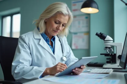 Hématologue femme consultant des résultats d'analyse sanguine sur tablette dans un bureau médical