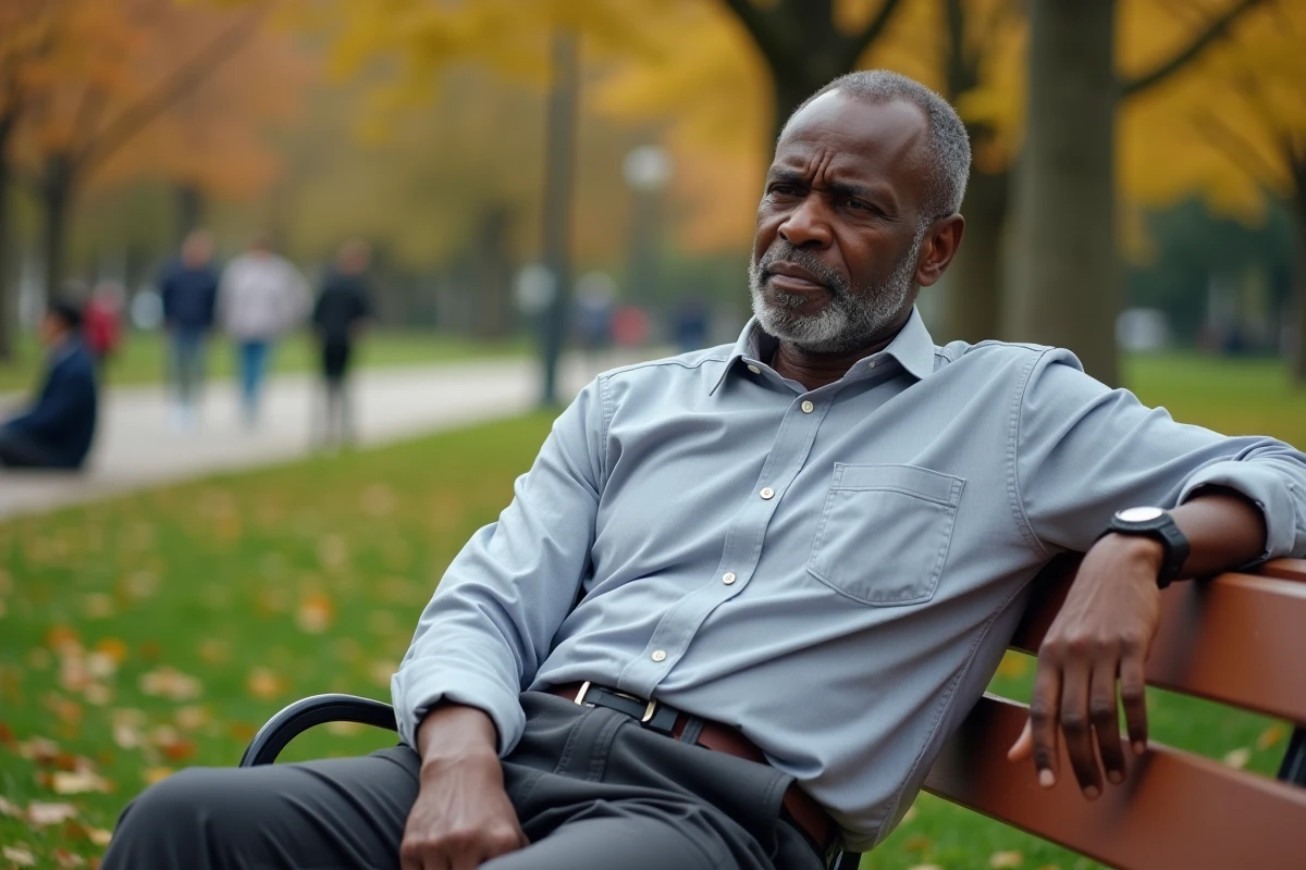 Homme africain assis sur un banc dans un parc en automne