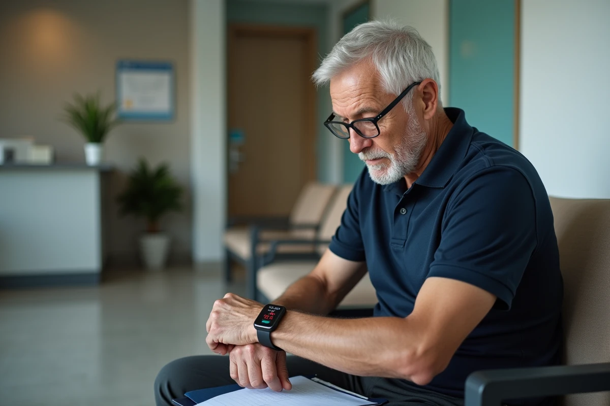 Homme âgé diabétique consultant sa montre connectée tensiomètre en salle d'attente médicale