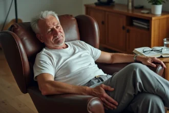 Homme âgé au repos tenant sa jambe douloureuse dans son fauteuil, symptôme d'artères bouchées au stade avancé