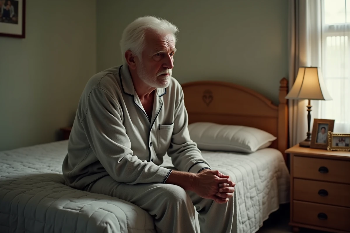 Homme âgé en pyjama dans une chambre chaleureuse