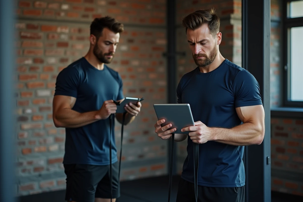 Homme utilisant une application de fitness à domicile avec des résultats mitigés sur Better Me