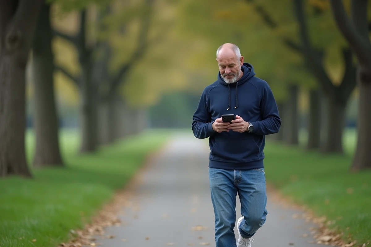 Homme consultant une application de comptage de pas sur smartphone montrant la distance parcourue en kilomètres dans un parc