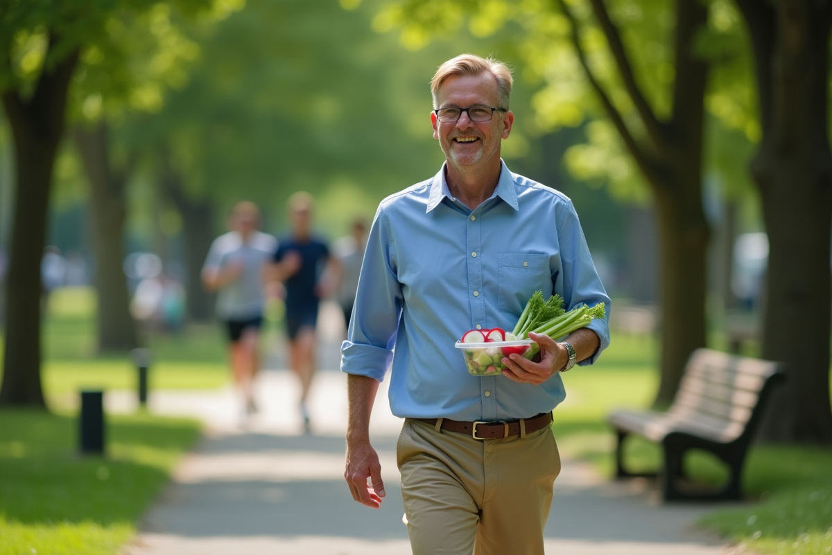 Homme marchant dans un parc urbain avec snack frais