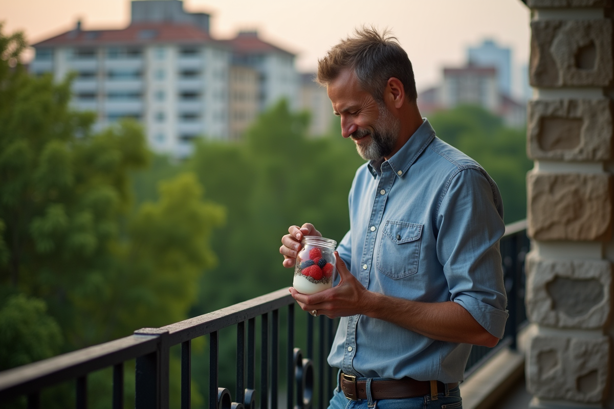 Homme préparant un yaourt aux fruits sur le balcon