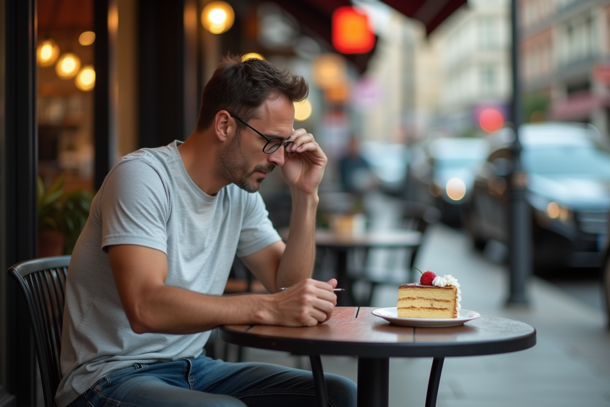 Homme pensif avec part de gâteau en extérieur