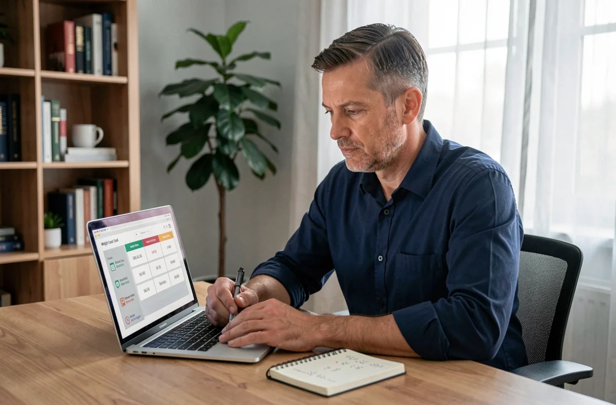 Homme calculant le coût par kilo perdu avec un programme minceur sur ordinateur portable à son bureau