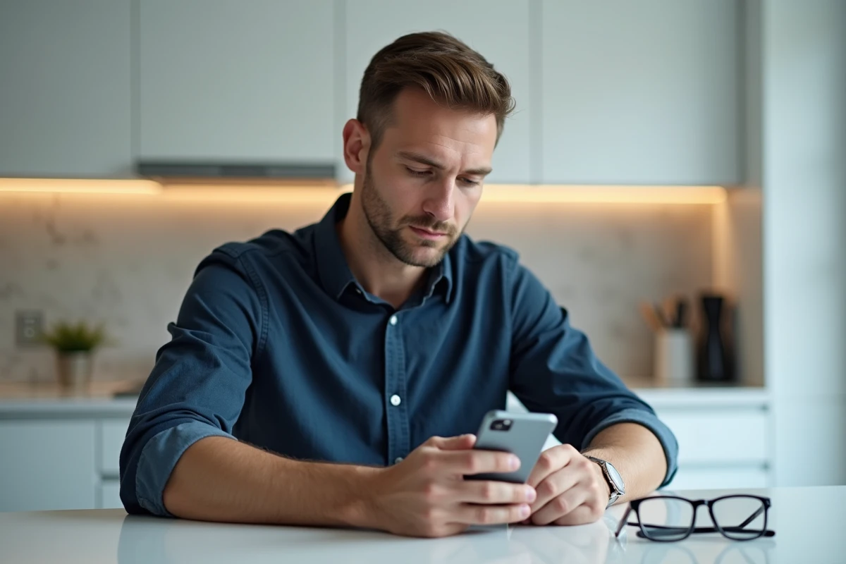 Homme consultant la calculette d'épaisseur de verres de lunettes sur smartphone avant un achat optique en ligne