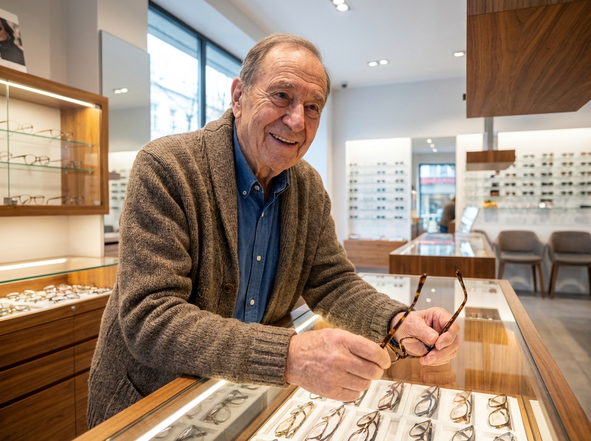 Homme âgé choisissant des lunettes dans une boutique optique