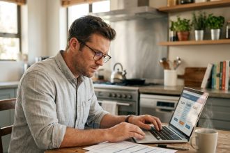 Homme comparant des devis de mutuelle santé en ligne sur un ordinateur portable à la maison