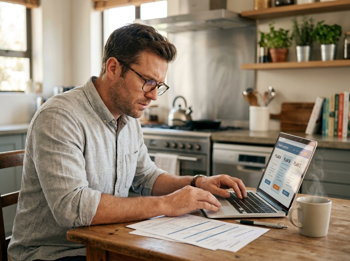 Homme comparant des devis de mutuelle santé en ligne sur un ordinateur portable à la maison