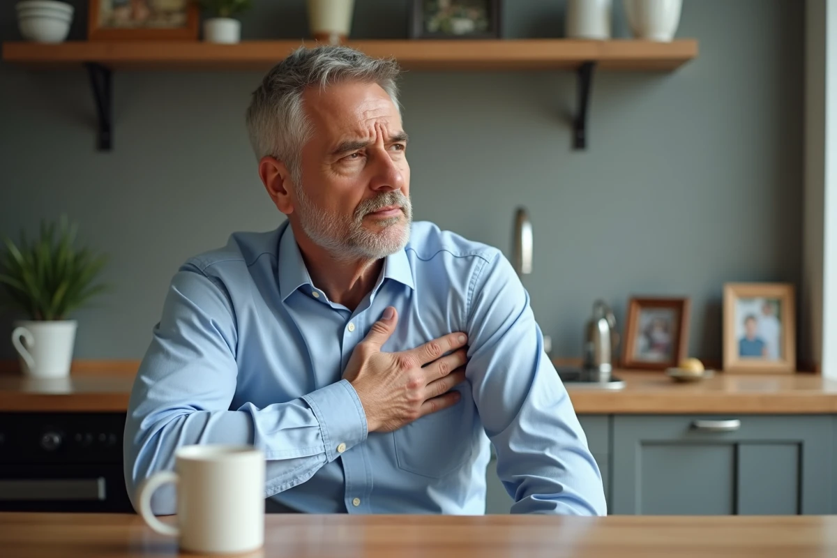 Homme d'âge moyen en souci dans sa cuisine