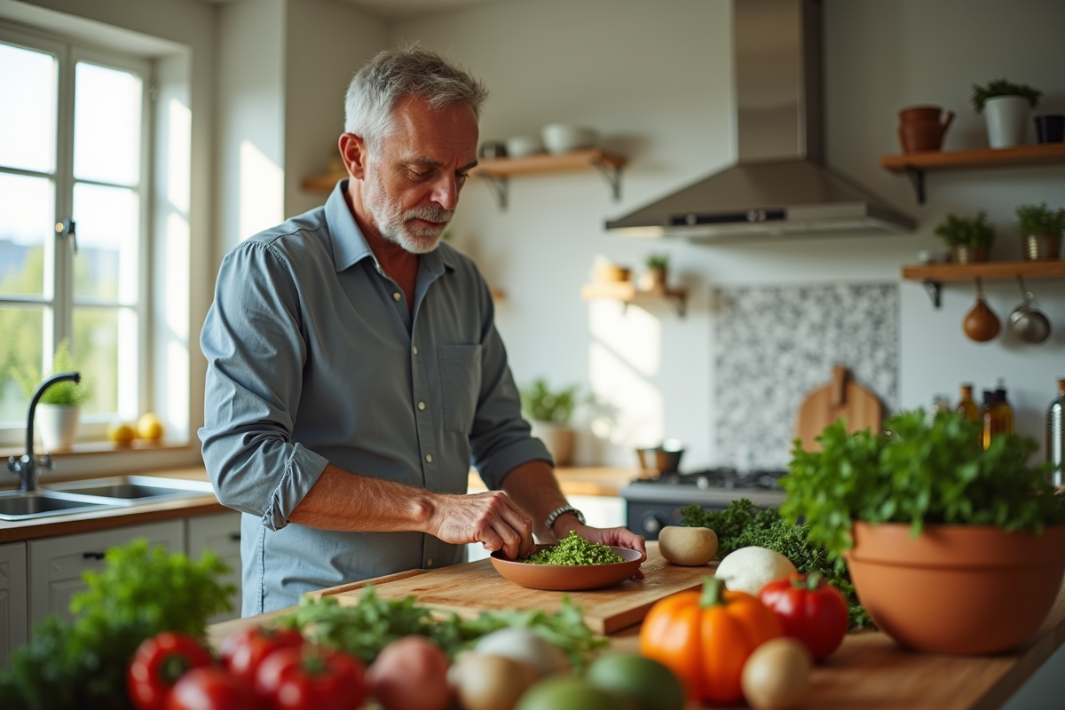 Homme en cuisine préparant un repas sain et frais