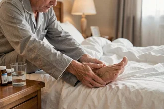 Homme diabétique de 60 ans examinant son pied avec inquiétude assis sur son lit, sensation de brûlure aux pieds
