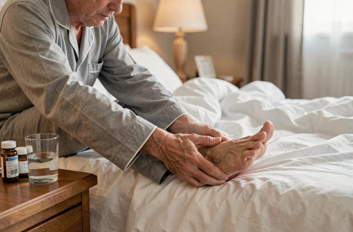 Homme diabétique de 60 ans examinant son pied avec inquiétude assis sur son lit, sensation de brûlure aux pieds