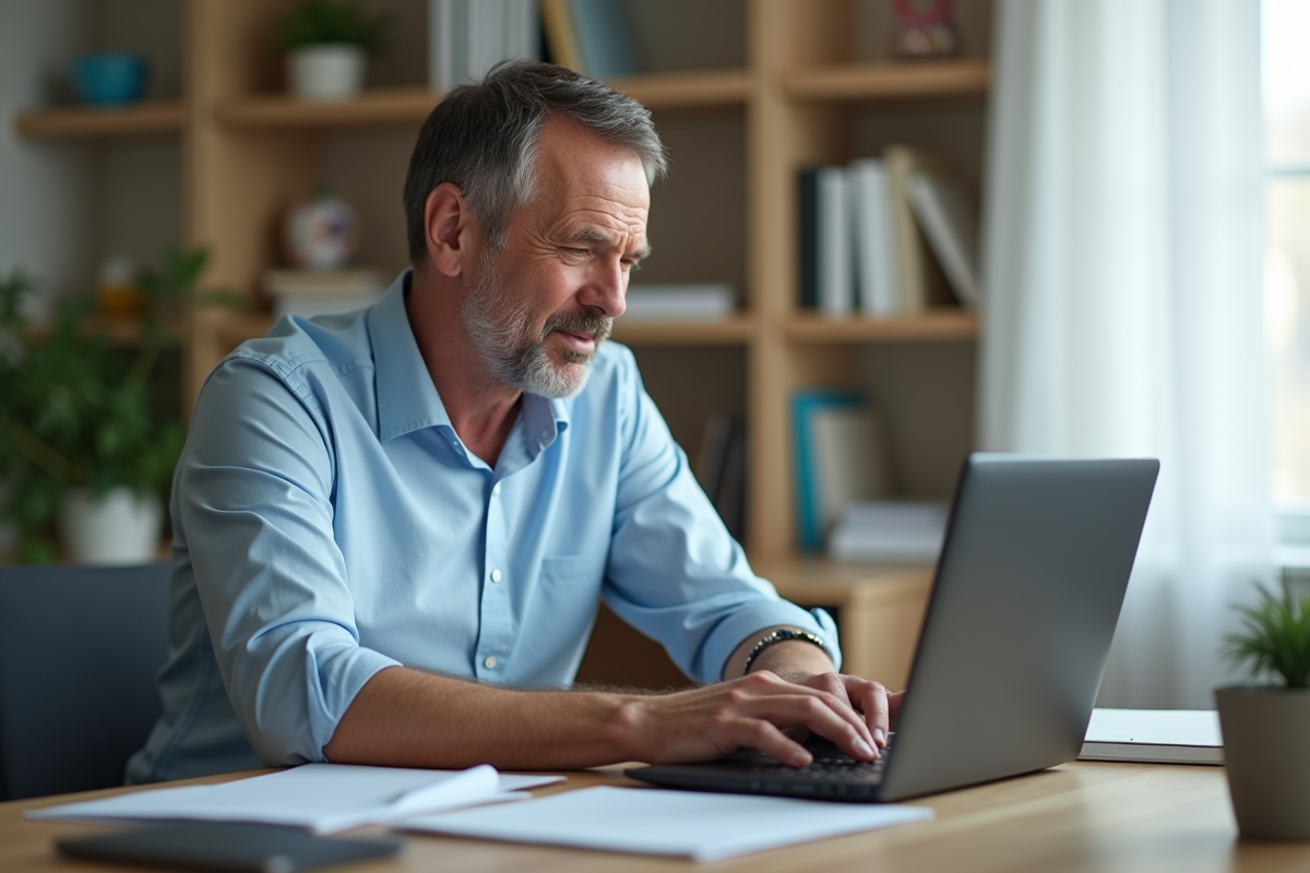 Homme d age touchant son genou au bureau