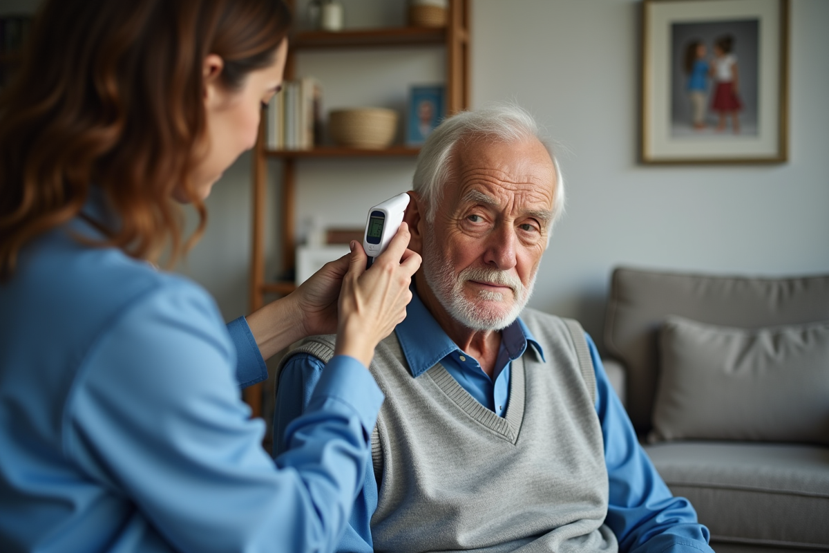 Homme âgé en consultation avec une infirmière pour la température