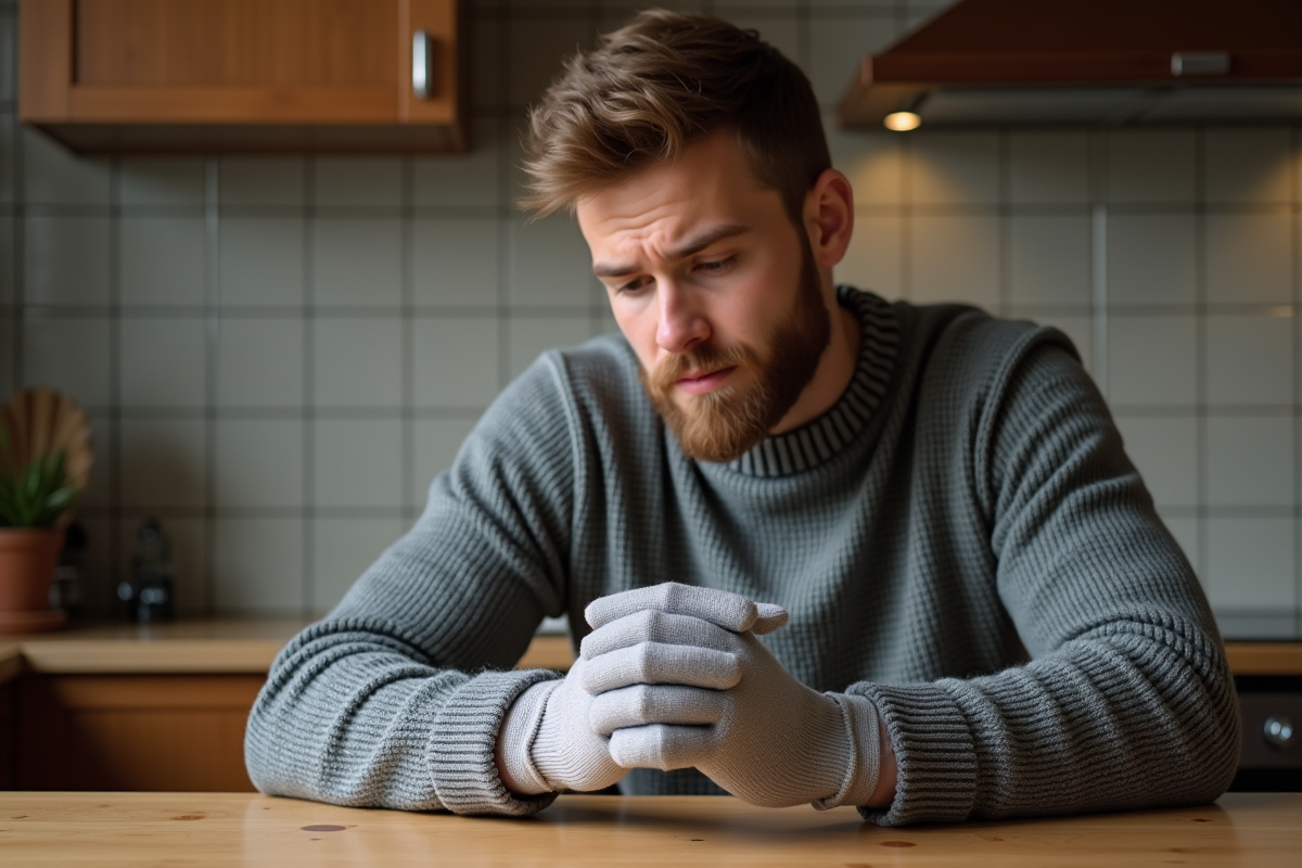 Jeune homme essayant des gants thermiques dans la cuisine