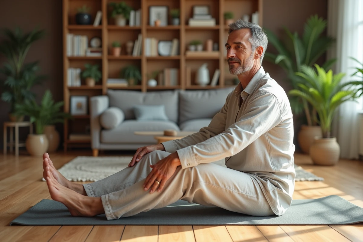 Homme faisant un étirement du pied dans le salon
