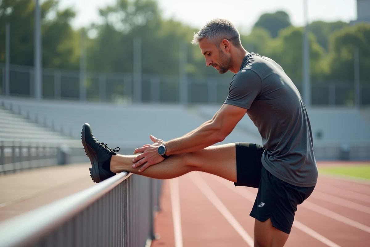 Homme courant en étirement sur une piste d