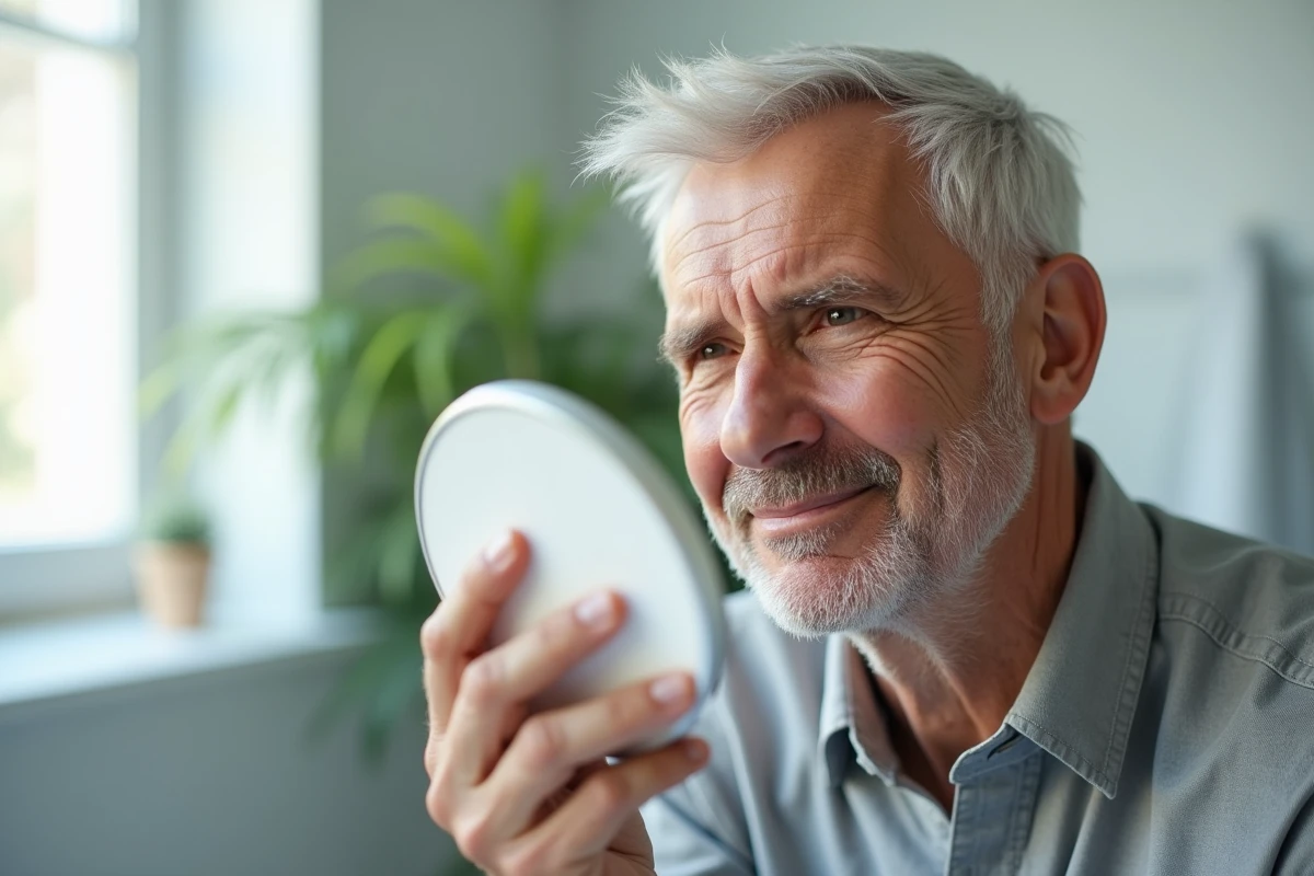 Homme d'âge mûr examinant une petite croûte persistante sur le nez dans un miroir, concept de détection précoce du cancer de la peau