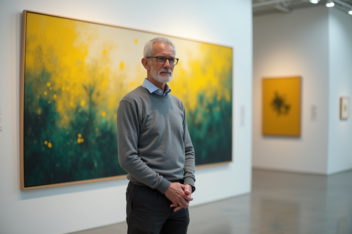 Homme regardant une peinture abstraite dans une galerie d